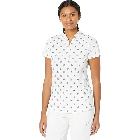 Puma White + Blue Hibiscus Floral Print Zip Closure Polo - Medium - Picture 1 of 10